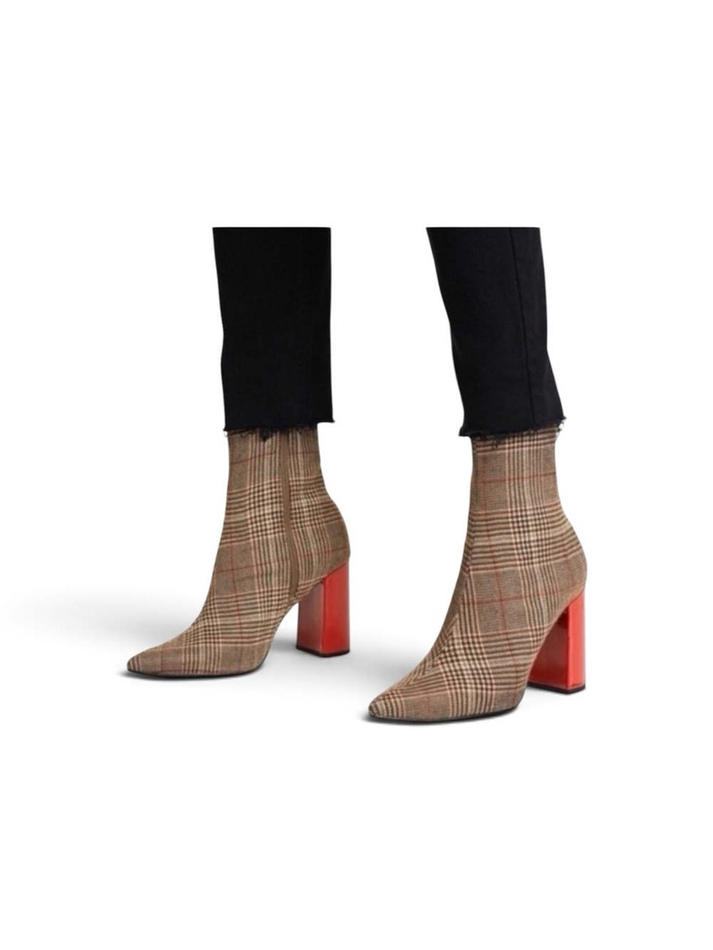 Jeffery Campbell Siren Plaid Pointed-Toe Sock Boots Red Block Heel Sz 8.5